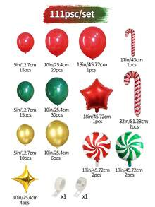 A Set Of 111 Pieces, Including Romantic Metallic Gold, Red, And Dark Green Latex Balloons. It Also Contains Windmill-Shaped Foil Balloons, Cane-Shaped Foil Balloons, And Star-Shaped Foil Balloons, Suitable For Christmas Decorations And Birthday Decorations, Christmas Decorations, Christmas Decorations Home,Birthday Decoration,Xmas Decorations - Multicolor - View 3