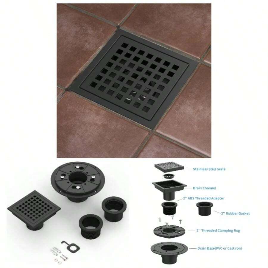 4 Inch Square Shower Floor Drain, Brushed Nickel High Flow Shower Drain Kit With Flange With Hair, Removable Grate Cover, Stainless Steel, Abs Fixing Tray, CUPC Certified Matte Black - 霧面黑色 + 4 英寸 - 查看 1