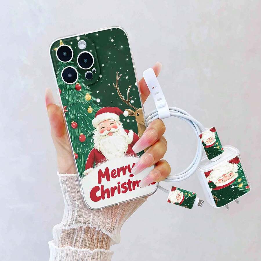 5pcs Transparent TPU Snowflake, Santa Claus, Reindeer Pattern Charger Cable Protector Case + Matching Phone Case, Compatible With 20W Fast Charger Compatible With Apple, 25W For Samsung, 120W For Xiaomi