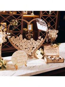 1 طقم كتاب ضيوف بديل للزفاف HYMENEX، كتاب ضيوف لحفل الزفاف، كتاب ضيوف بشعار قلب خشبي، لحفل زفاف أو عيد ميلاد أو ذكرى زواج