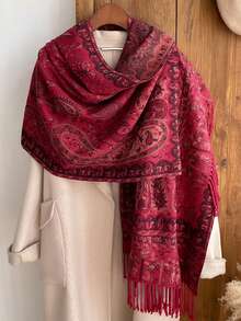 Boho 1 peça cachecol feminino vintage luxuoso com estampa paisley jacquard pashmina xale hijab, adequado para usar e carregar durante viagens frias de manhã e à noite no outono e inverno - vermelho escuro - Ver 2