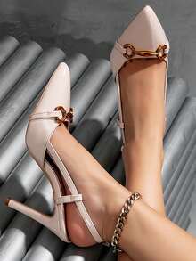 Nuevas sandalias de tacón alto de punta fina para mujer, color albaricoque, elegantes y elegantes, con diseño de hebilla ajustable, talón abierto, moda de verano con tacón fino, adecuadas para ir al trabajo, citas, fiestas, bodas y uso diario - Albaricoque - Ver 3