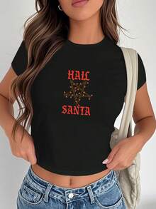 1pc Hail Santa Holiday Pentagram Christmas Lights Metal Women's Fashion Short Sleeve T-Shirt, Y2K Clothes, Back To School Clothes, Vintage Clothes, Street Wear, Rock, Holiday, Vacation, Festival, Summer Tops - 黑色 - 查看 4