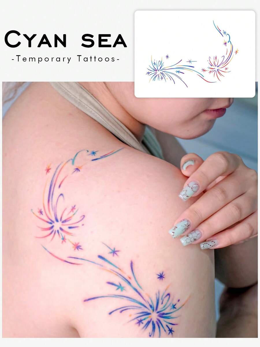 1 Stück wasserfester und schweißfester temporärer Tattoo-Aufkleber mit bunten, blühenden Feuerwerken, romantischem Muster der ewigen Liebe, geeignet für Rücken, Arm, Paartattoos, hält 1-3 Tage