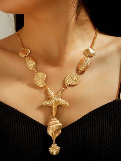 1 pieza Collar de estilo oceánico metálico de moda con concha, estrella de mar y perla falsa dorada, elegante decoración para el cuello para fiestas de playa de verano para mujeres