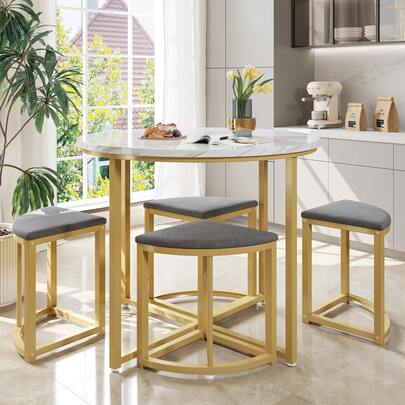 Dining Room Set With Table And Four Chairs, Dining Room Set With MDF Top And Gold Plated Iron Frame, Velvet Chair, Modern Luxury Tables And Chairs, Gray