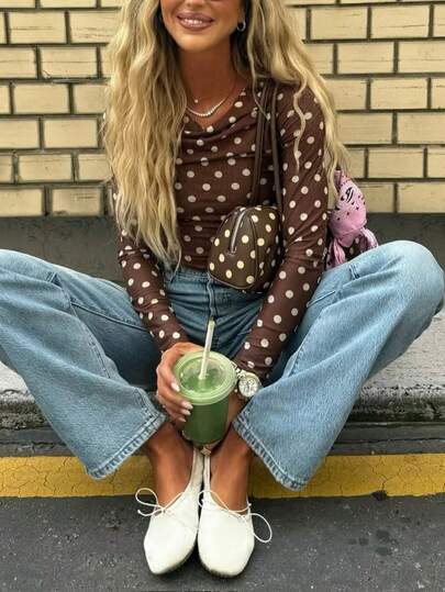 2025 Autumn And Winter New Arrival: Women's Brown Polka Dot Boat Neck Long Sleeve Knitted Top, Featuring A Versatile Design And Elegant Slim Fit