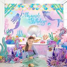 DMermaid Backdrop For Girls Birthdays Mermaid Birthday Decorations Little Mermaids Party Decorations Birthday Banner Backdrops Under The Sea Backdrop For Photography Background 72x44Inches - 紫色 - 查看 2