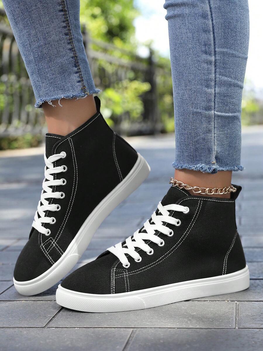 Zapatos planos de lona de unicolor para mujer, zapatos con punta redonda con cordones, transpirables y antideslizantes, zapatos planos clásicos de lona para mujer, zapatos casuales de cordones de unicolor y parte superior baja, calzado cómodo para mujer - Blanco y Negro - Ver 1
