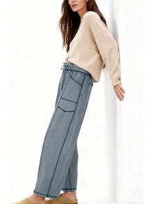 Women's Fleece Lined Sweatpants,High Waisted Winter Pants With Barrel Leg,Cozy Thermal Wide Leg Lounge Joggers With Drawstring - 霧霾藍 - 查看 4