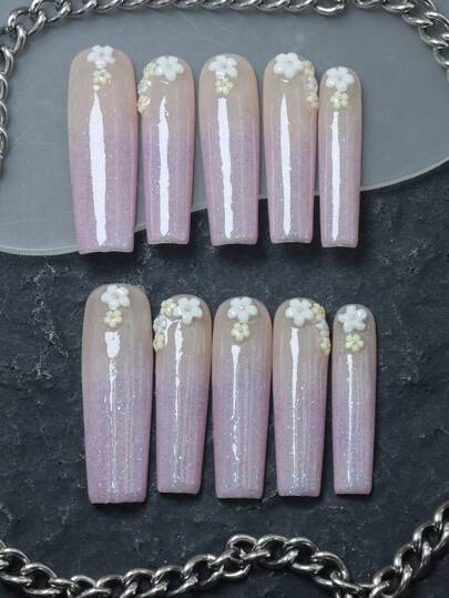 CrystalHola Christmas Nails, 10 Pieces Of Handmade Press-On False Nails, Long Ballet Nails, Purple Nails With Flowers On The Surface, Pink Gradient, Simple And Exquisite, Unique Autumn And Winter Fingertip Art, A Must-Have Fashion Accessory For Parties And Weddings, A Great Gift For Girls And Women, Halloween Nails, New Year Nails