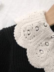 Tween Girl Peter Pan Collar Fashion Front Button Knit Embroidered Floral Decor Cardigan - Black - View 6