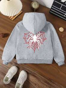 1pc Tween Boy Spider Print Decor Casual Streetwear Hoodie Sweatshirt