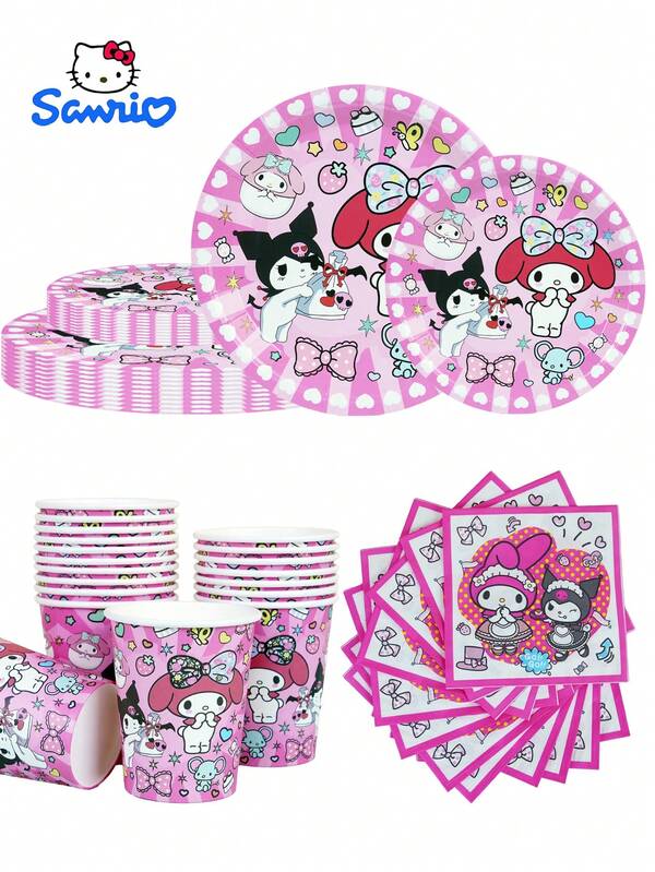 Sanrio 40/20/10 Piece Set, Sanrio, Cinnamoroll, Hello Kitty, Kuromi, Melody Cartoon Character Themed Party Set, Including Disposable Plates, Paper Cups, Napkins, Suitable For Birthday Parties, Daily Gatherings, Bridal Showers, Reception Guests, Multiple Specifications To Choose From, Suitable For Multi Person Use, Kitchen, Decoration, Restaurant Decoration, Camping, Picnicking, Office Paper Cups.