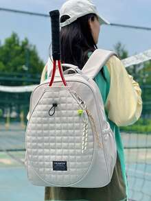 Tennis Bag, Quilted Tennis Sling Crossbody Backpack, Water Resistant Tennis Racket Bags For Women Men, Suitable For Pickleball Tennis Badminton, Large Cream Color Quilted Nylon Sling Bag For Women, Light Beige Big Unisex Crossbody Daypack, Lightweight Everyday White One Shoulder Travel Backpack With Hidden Pockets And Bottle Holder