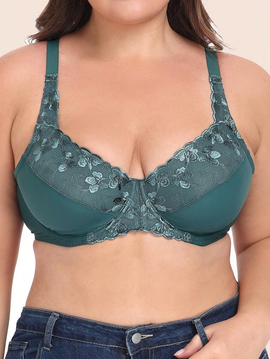 1pc Women's Bra With Steel Wires, Emerald Green, Ultra-Thin, Sexy, Semi-Sheer Lace Embroidery, Lift And Support For Large Bust, Suitable For Home, Office And Outdoor Wear