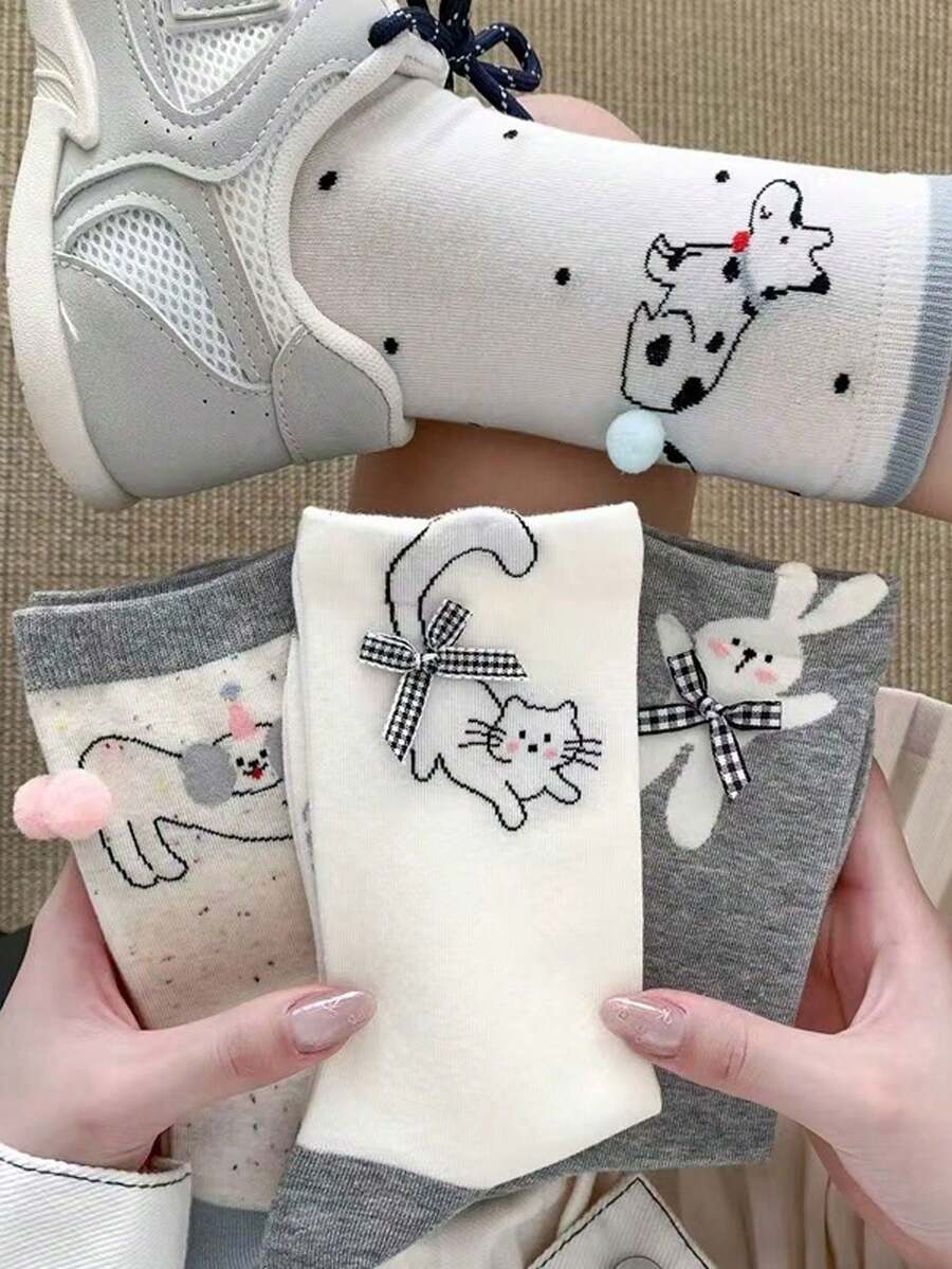 4 Pairs Autumn/Winter New Contrast Color Polka Dot Mesh Cute Cartoon Puppy Mid-Calf Socks