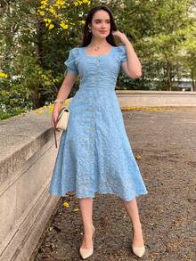Women's Midi Dress, Casual, Elegant, Cotton, Daily - Baby Blue - View 11
