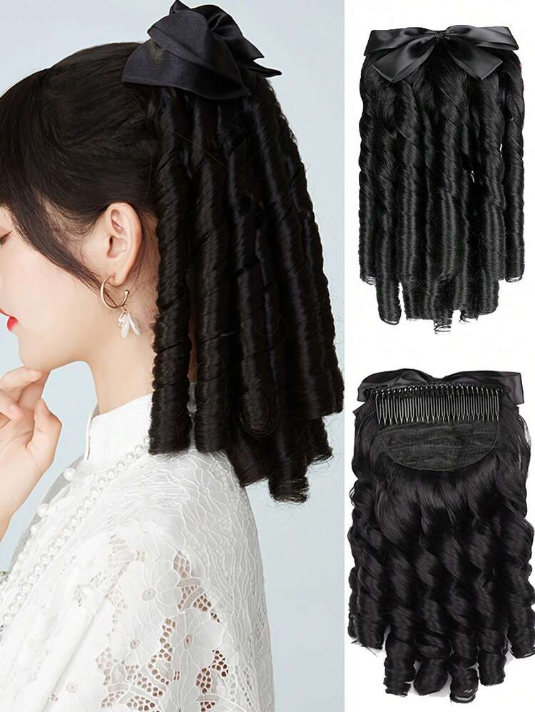 14 INCH Synthetic Retro Princess Curly Ponytail European Puff Ponytail Hair Tail Natural Wig Extension Fashion Hair Accessories Bow Decor Short Curly Synthetic Hair Extension Retro Ponytail With Comb Princess Curly Ponytail Clip In Hair Tail Natural False