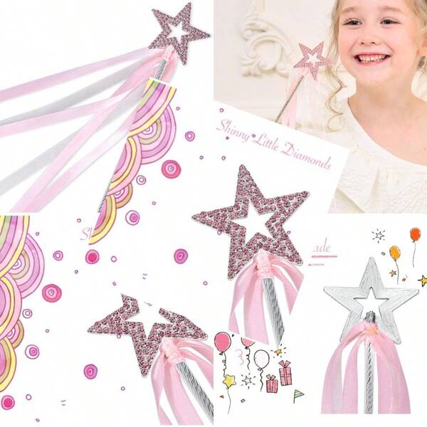 Lovelyshop Varita de hadas de estrella de cristal con cinta para decoración de Halloween para niñas