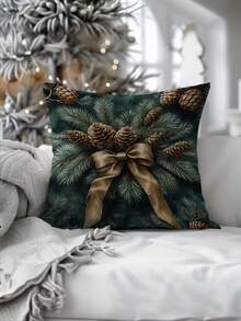 1/2/4pcs Large Square Christmas Cushion Cover - Pine Cones, Golden Bows - Dark Green Holiday Decor - Zipper Closure - Fits Living Room, Bedroom, Entryway - Seasonal Home Accent Pillow Case - Easy-Clean Fabric, Christmas Pillow Covers, Festive Room Decoration, Pinecone Pattern