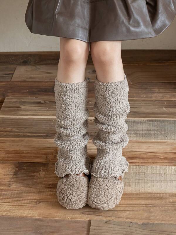 زوج من دفايات الساق للأطفال/بنات، لون خاكي أنيق ومتعدد الاستخدامات، سميكة ومريحة ودافئة نصف مبطنة بالفليس، طراز جميل وعصري، مناسبة للارتداء اليومي، صور عائلية أنيقة، هدية للأطفال