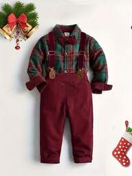BOARNSEORL 2pcs Young Boys Gentleman Outfit - Plaid Long Sleeve Shirt With Bowknot And Red Suspender Pants, Fashionable & For Birthday Party, New Year's Eve, Wedding, Baby Shower, Christmas