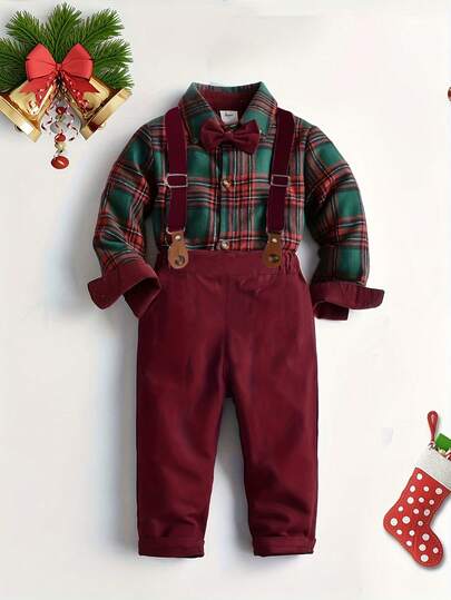 BOARNSEORL 2pcs Young Boys Gentleman Outfit - Plaid Long Sleeve Shirt With Bowknot And Red Suspender Pants, Fashionable & For Birthday Party, New Year's Eve, Wedding, Baby Shower, Christmas