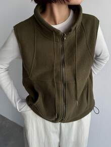 FRIFUL Women's Solid Color Zip-Up Funnel Neck Sleeveless Jacket, Autumn/Winter,Thermal Lined - Green - View 1