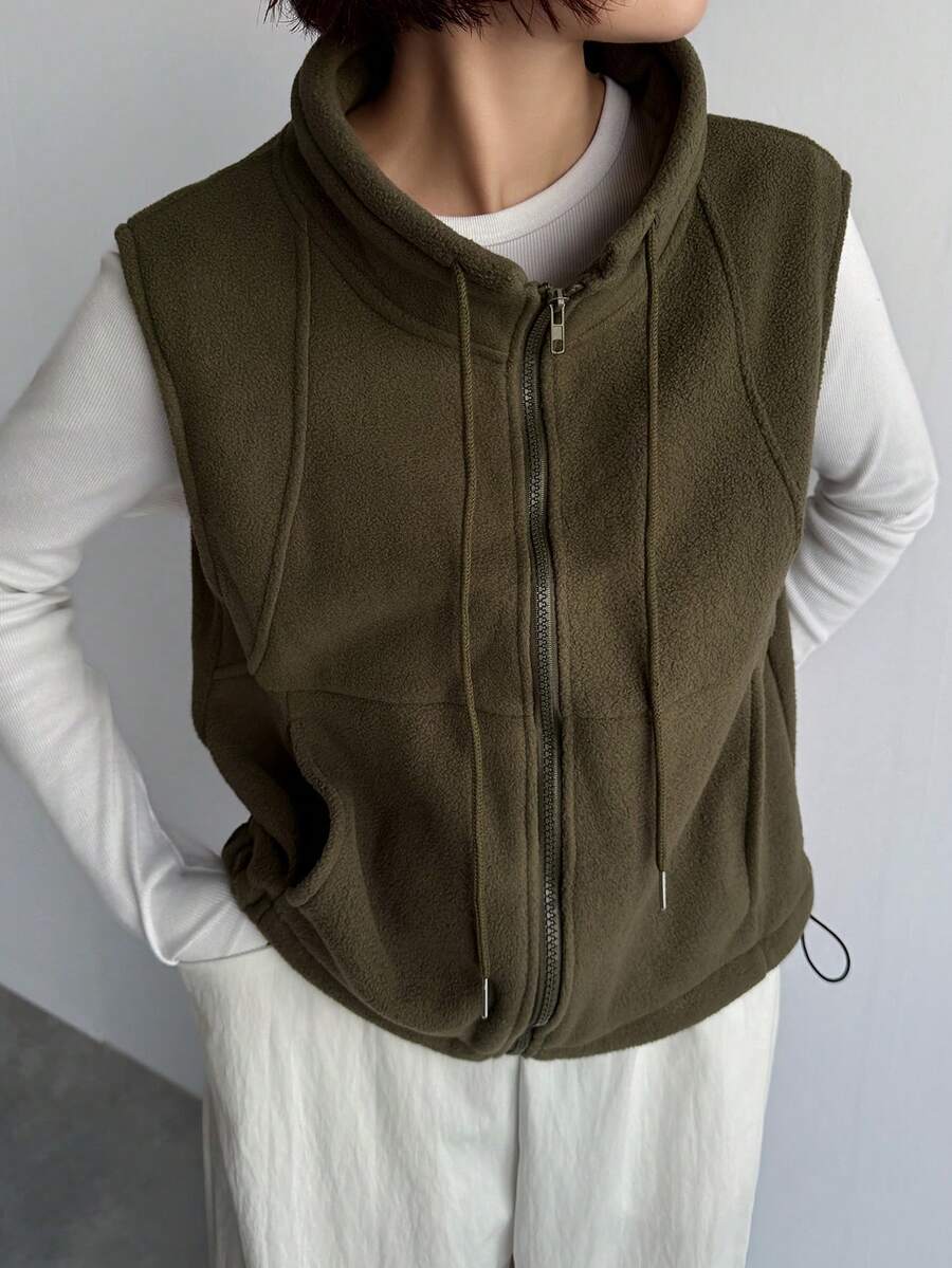 FRIFUL Women's Solid Color Zip-Up Funnel Neck Sleeveless Jacket, Autumn/Winter,Thermal Lined - Green - View 1