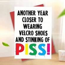 Edgy Humor Birthday Card With Bold Hook And Loop Shoes & PISS! Message - Colorful Typography Insult Greeting Card For Adults, Irreverent Age Milestone Card With Golden Elephant And Cupcake Prop Display - Multicolor - View 15