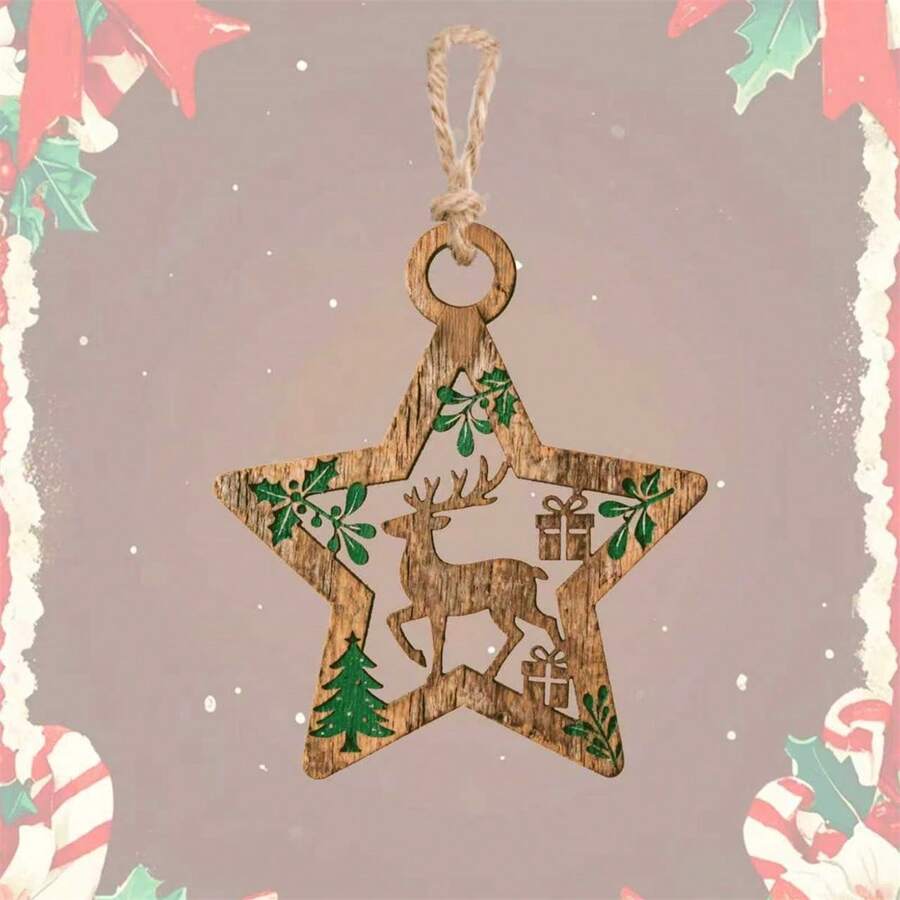 Adornos navideños rústicos de madera: estrella, muñeco de nieve y campana. Etiquetas colgantes para el hogar. - Caqui - Ver 1