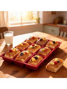 New 1pc Silicone Mini Loaf Pans, Silicone Baking Mold, Non-Stick Mini Bread Pans, 9 Cavities Silicone Bread Baking Mold, Perfect For Mini Loaf, Cake, Bread And Meatloaf, Cake, Brownie, Heat-Resistant Manual Baking Molds For Birthday, Party - Rectangle Shaped Silicone Mold For Soap Making And Desserts - Red - View 2