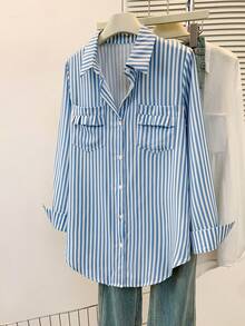 女式条纹翻领衬衫，带口袋，长袖纽扣衬衫，适合秋冬春季商务休闲、办公室、家居和日常穿着 - 藍色 - 查看 2
