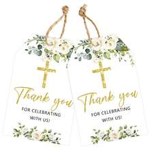 50 piezas Etiquetas de regalo con patrón floral para agradecer - Etiquetas de favor de de cruz con cuerdas, etiquetas de favor de fiesta de papel vintage blanco, adecuadas para bodas, cumpleaños, ocasiones de oración - Multicolor - Ver 1