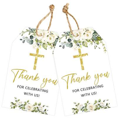 50pcs Floral Thank You Gift Tags - Cross Baptism Thank You Tags With String, White Antique Paper Party Favor Hanging Tags For Weddings, Birthdays, Prayers