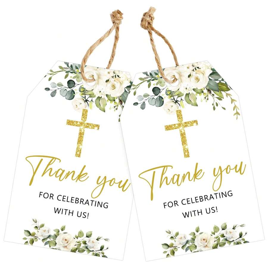 50 piezas Etiquetas de regalo con patrón floral para agradecer - Etiquetas de favor de de cruz con cuerdas, etiquetas de favor de fiesta de papel vintage blanco, adecuadas para bodas, cumpleaños, ocasiones de oración - Multicolor - Ver 1