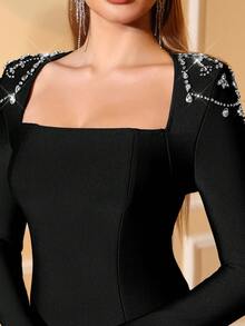 Love Aing Women's Formal Long Sleeve Black & Dark Green Handcrafted Rhinestone Padded Shoulder Cocktail Party Elegant Luxury Wedding Guest Short Dress, Glamorous Evening Gown - Black - View 8