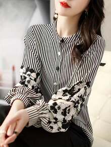 Women's Fashion Loose Striped Button-Front Shirt With Floral Patchwork, Flared Long Sleeves, Stand Collar, Woven Fabric, Autumn Top - Black and White - View 3