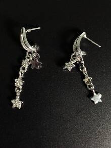 1 Pair Unique Micro-Inlaid Zirconia Five-Pointed Star Tassel Earrings, Fashionable Elegant Versatile Niche High-End Star Earrings
