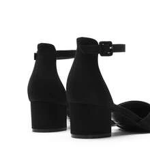 Women's Ankle Strap Chunky Heel Pumps Closed Round Toe Low Block Heels Elegant Simple Wedding Office Party  Dress Shoes - 黑色絨面革 - 查看 8