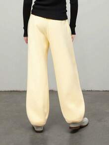 Women's Track Pants Elastic Waist Solid Color Causal Wide Leg Lounge Trousers With Pockets - Butter Yellow - Xem 7