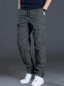 3pcs/Set Spring/Summer Solid Color Multi-Pocket Straight Leg Cargo Pants, Men's Loose Outdoor Commute Casual Long Pants - Dark Grey - View 3