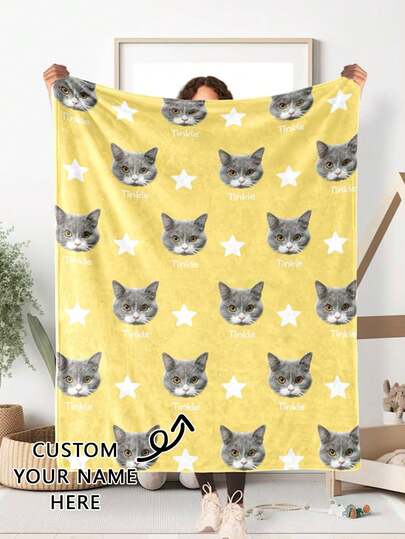 1 chiếc chăn in tên và hình ảnh mèo và chó theo yêu cầu, chất liệu vải flannel mềm mại, họa tiết ngôi sao, nhiều màu sắc để lựa chọn, lý tưởng để trang trí nhà cửa cho chủ nuôi thú cưng, món quà hoàn hảo cho người yêu mèo và chó.