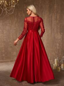 Women's Elegant Contrast Lace Round Neck Wedding Dress - Burgundy - View 4