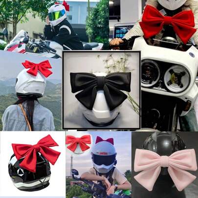  Adorno para casco, coche, bicicleta eléctrica con base de liberación rápida y decoración de lazo doble capa en rojo/rosa/negro para mujer