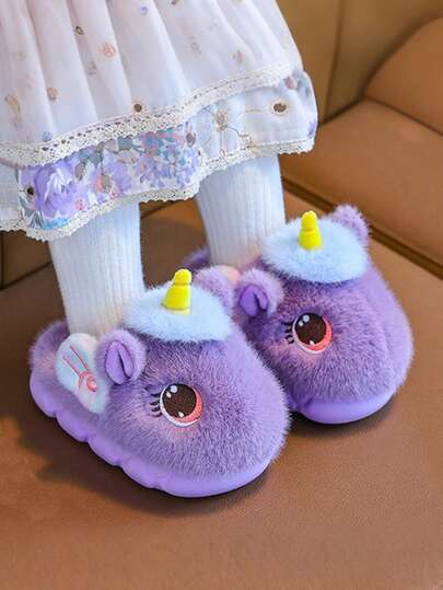 Nuevas pantuflas cálidas de invierno para niños, pantuflas de peluche con diseño de unicornio de dibujos animados lindas para niñas