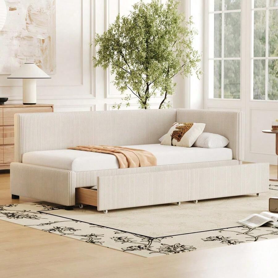 Polsterbett Schlafsofa 90*200 Multifunktionsbett mit 2 großen Stauraumschubladen und Lattenrost hautfreundlicher Samtstoff Beige