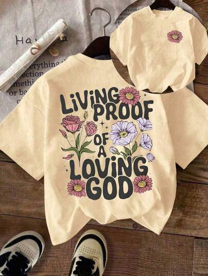 Plus Size Women Slogan & Floral Print Casual Short Sleeve Round Neck T-Shirt