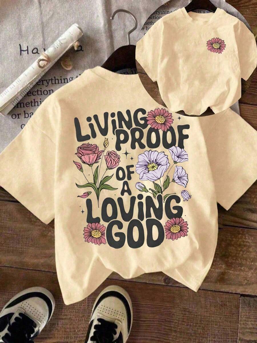 大码女式标语印花休闲短袖圆领T恤 - 杏色 - 查看 1